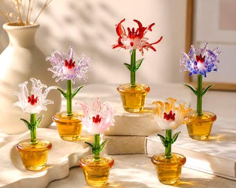 Hand Blown Mini Glass Flower Figurine, Tiny Potted Glass Floral Ornament, Desk Shelf Decor, Gift For Flower Lovers & Collectors