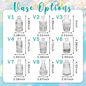 Puede incluir: Se muestran nueve jarrones de vidrio transparente con diferentes dise&ntilde;os y dimensiones. Las medidas est&aacute;n en pulgadas, el jarr&oacute;n m&aacute;s alto mide 12,7 cm. El texto "Vase Options" est&aacute; en la parte superior.