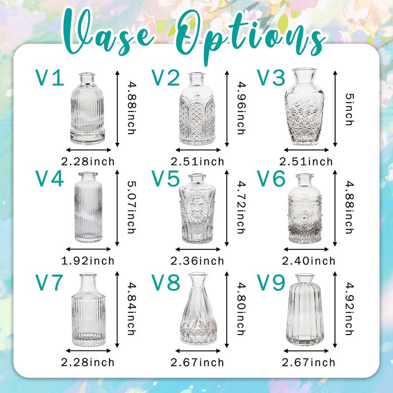 Puede incluir: Se muestran nueve jarrones de vidrio transparente con diferentes dise&ntilde;os y dimensiones. Las medidas est&aacute;n en pulgadas, el jarr&oacute;n m&aacute;s alto mide 12,7 cm. El texto "Vase Options" est&aacute; en la parte superior.