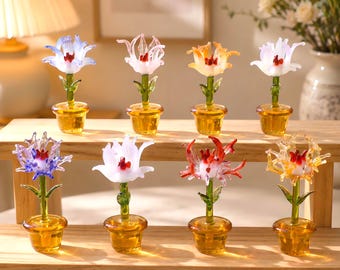 Mini Murano Style Glass Flower Statue, Small Potted Glass Floral Decor, Windowsill Ornament, Gift For Her, Housewarming Gift