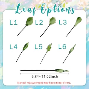 Puede incluir: Imagen que muestra seis opciones de hojas artificiales, etiquetadas L1 a L6, con hojas verdes y tallos negros. El texto "Leaf Options" est&aacute; en la parte superior. La longitud de las hojas es de entre 25 y 28 cm.