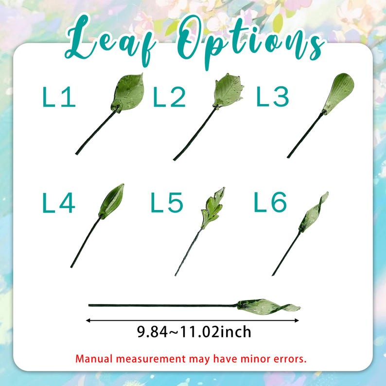 Puede incluir: Imagen que muestra seis opciones de hojas artificiales, etiquetadas L1 a L6, con hojas verdes y tallos negros. El texto "Leaf Options" est&aacute; en la parte superior. La longitud de las hojas es de entre 25 y 28 cm.