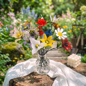 Puede incluir: Un colorido ramo de flores de cristal en un jarr&oacute;n de cristal transparente, colocado sobre una superficie de madera con un pa&ntilde;o blanco. El ramo presenta flores rojas, amarillas, blancas y azules, con tallos y hojas verdes. El fondo es un jard&iacute;n borroso.