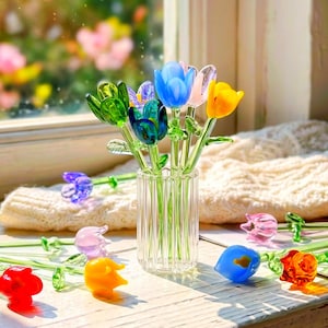 Flor de vidrio soplado a mano, mini tulipanes y tallos de calas, flor eterna, regalo de decoración para el hogar, regalo para ella, regalo para mamá, regalo de cumpleaños único