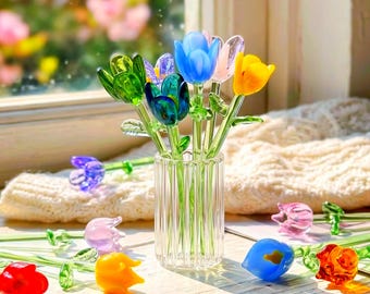 Hand Blown Glass Flower, Mini Tulip & Calla Lily Stems, Forever Flower, , Home Decor Gift, Gift for Her,Gift for Mom,Unique Birthday Gift