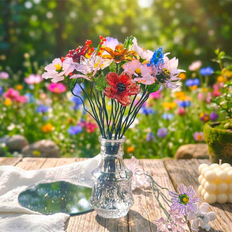 Puede incluir: Un ramo de flores de resina coloridas en un jarr&oacute;n de cristal transparente. Las flores incluyen amapolas rojas, flores rosas y detalles azules. El jarr&oacute;n est&aacute; sobre una superficie de madera con un espejo y una vela en el fondo.