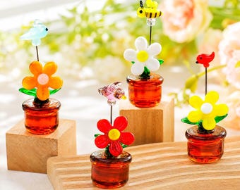 Cute Glass Flower & Animal Statue, Tiny Desk Decor, Miniature Art Ornament, Mini Potted Plant Ornament, Whimsical Decor, Gift For Friends