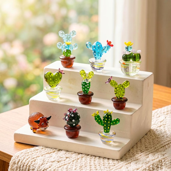 Miniature Glass Cactus Figurine,hand Blown Mini Glass Cactus Figurine,tiny Succulent Desk Decor, Potted Plant Ornament,gift for Plant Lovers
