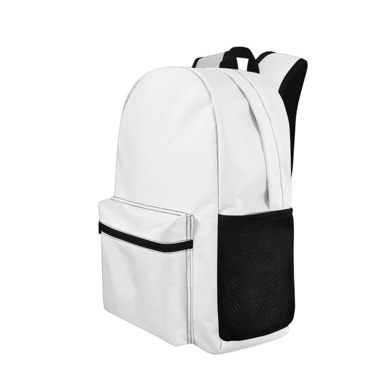 May include: A white backpack with a black mesh side pocket and a front pocket with a black zipper. The backpack has black trim and a black top handle. The bag is designed for carrying books, supplies, or personal items.