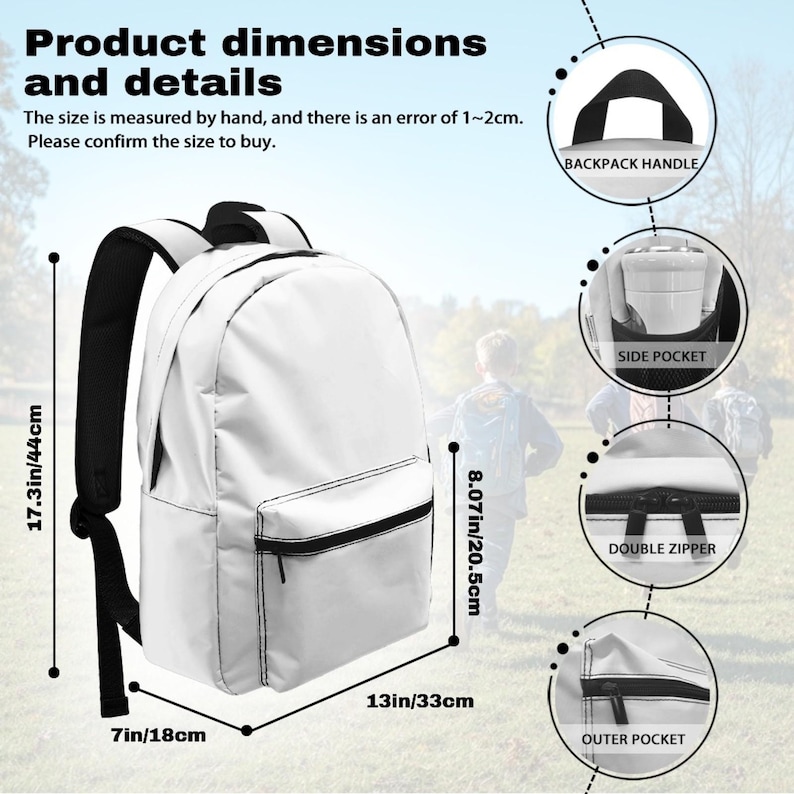 May include: White backpack with black accents, featuring a front pocket, side pocket, and double zipper. Dimensions are 17.3 inches high, 13 inches wide, and 7 inches deep. Includes text about product dimensions and details.