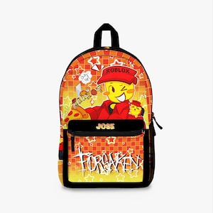 May include: Orange and yellow backpack featuring a Roblox character design. The backpack has a black front pocket with the name "JOSE" and the word "FORSAKEN" printed on it. The main design includes a cartoon character and the Roblox logo.