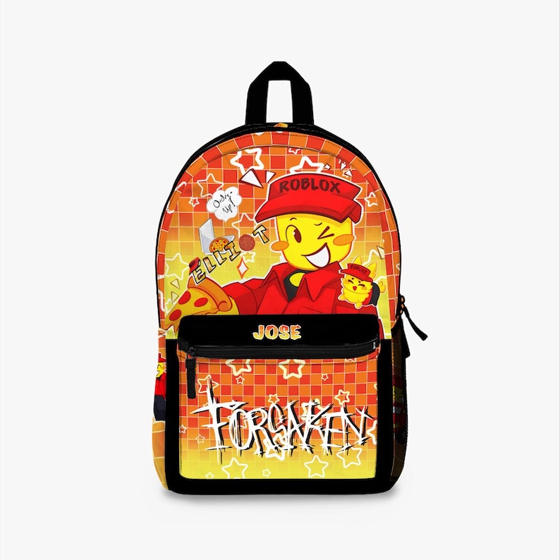 May include: Orange and yellow backpack featuring a Roblox character design. The backpack has a black front pocket with the name "JOSE" and the word "FORSAKEN" printed on it. The main design includes a cartoon character and the Roblox logo.