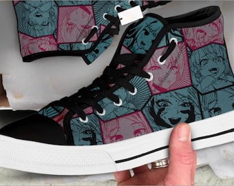 Custom Anime Ahegao Manga Panel High Top Sneakers | Custom Otaku Canvas Shoes