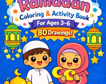 May include: A colorful children's activity book titled "My Ramadan Coloring & Activity Book For Ages 3-6". The cover features cartoon illustrations of children, a mosque, lanterns, stars, and a crescent moon. The book contains 80 drawings.