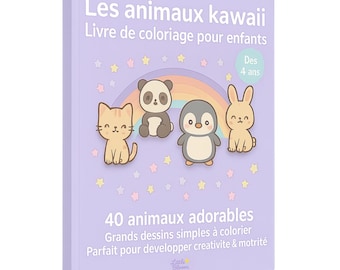 Livre de coloriage Kawaii pour enfants. 40 dessins d'animaux à colorier : terre, mer & air. PDF à imprimer.