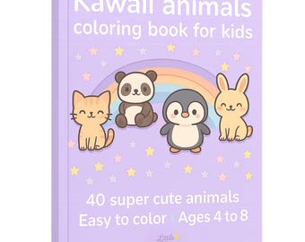 May include: A lavender coloring book titled "Kawaii animals coloring book for kids." The cover features illustrations of a cat, panda, penguin, and bunny, with a rainbow and stars. The book is for ages 4 to 8.