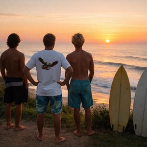 Red-bellied Sea Eagles Snacks Surf Wax, Vintage Sunset Camper Patch Tee | Camping Retro T-Shirt, Outdoor Adventure Shirt