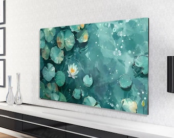 May include: A rectangular canvas print depicting a serene water scene with lily pads and a single white water lily. The artwork features shades of teal, green, and white, creating a calming and natural aesthetic. The print is mounted on a white wall.
