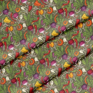 May include: A fabric with a repeating pattern of colorful vegetables on a dark green background. The design includes purple radishes, red chili peppers, yellow bell peppers, and orange swirls, with green leaves and white vines.