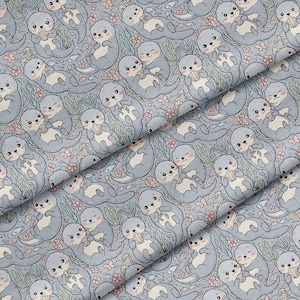 Otters Seashells Fish Pattern, Fabric by the Yard, 58 in" Wide, Polyester for Crafting, Sewing, D.I.Y Projects