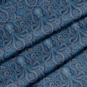 May include: Navy blue fabric featuring a repeating pattern of octopuses and coral. The octopuses have lighter blue and grey details, creating a textured, oceanic design. The fabric is folded, showing depth and dimension.