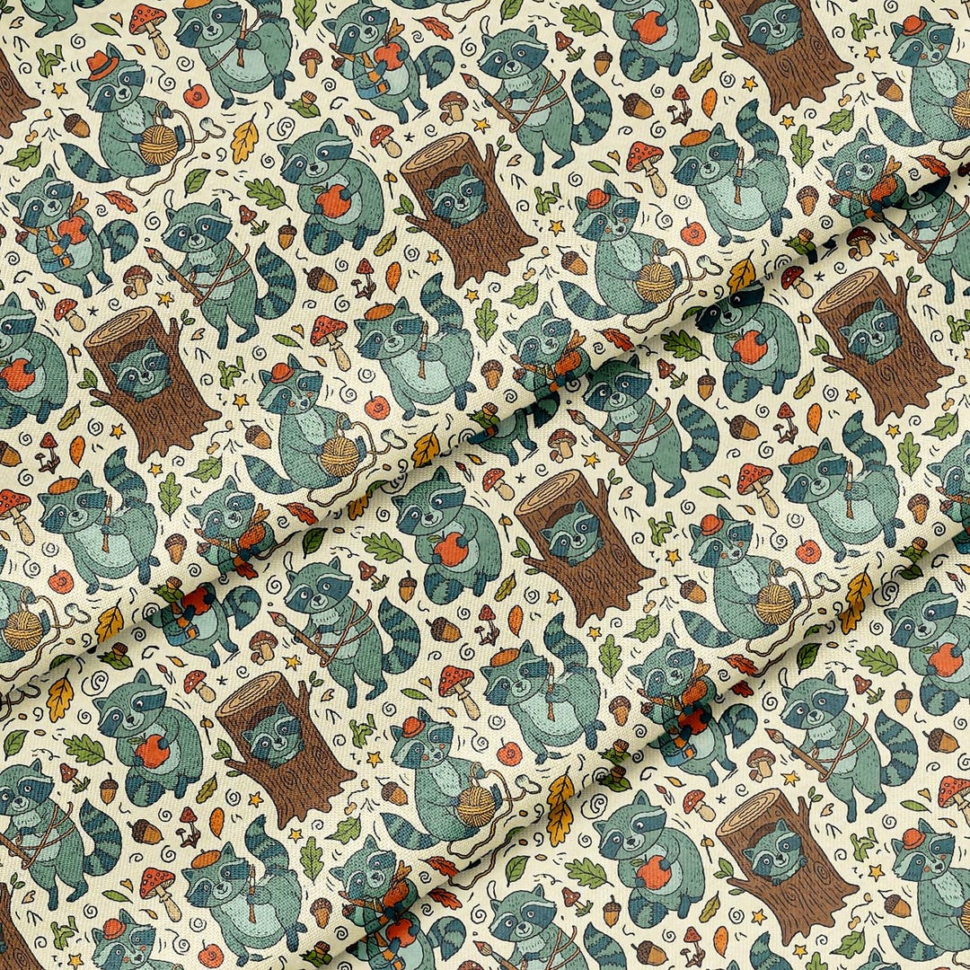 Fall Raccoon Patterns Raccoons Autumn Activities Pattern, Fabric by the Yard, 58 In