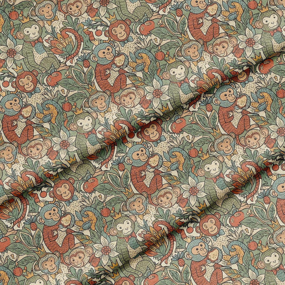 Monkey Pattern Material Monkey Crowns Apples Pattern, Fabric by the Yard, 58 In