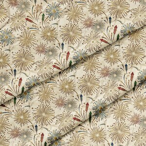 Estampado vintage de cohetes de fuegos artificiales, tela cortada a medida, 147 cm de ancho, poliéster para manualidades, costura y proyectos de bricolaje.