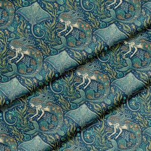 Motif poisson sous-marin raie sirène, tissu par mètre, 58 po. de large, polyester pour travaux manuels, couture, projets de bricolage