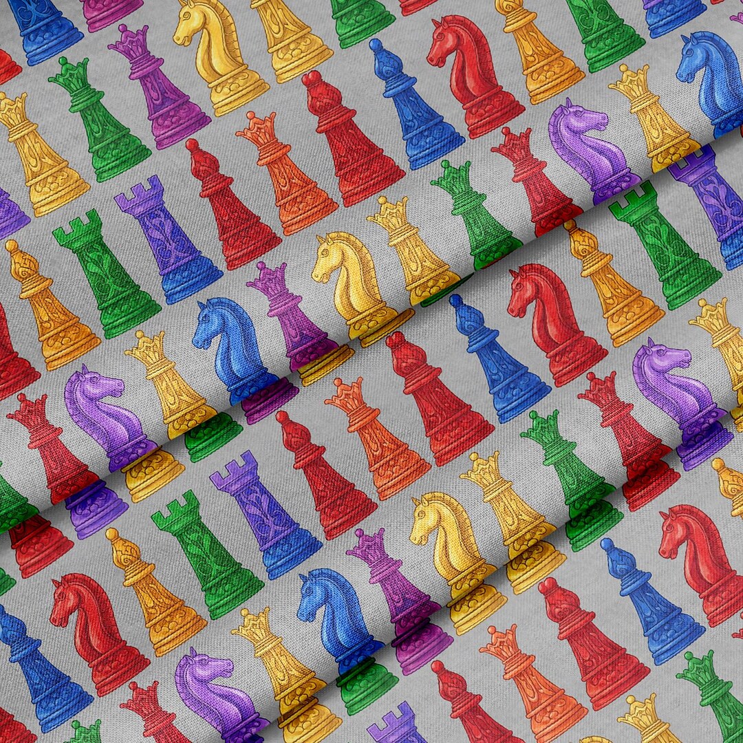 Colorful Chess Pieces Pattern, Fabric by the Yard, 58 In