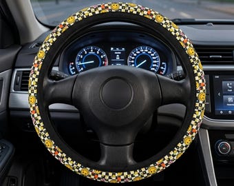 Funda para volante de coche con estampado de tablero de ajedrez y caritas sonrientes / Estilo retro de carreras con emojis