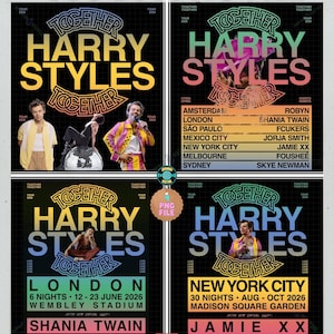 May include: Four Harry Styles concert posters with the text "Harry Styles Together" and tour dates. The posters feature images of Harry Styles and city names like London and New York City. The top of the image reads "300 DPI PNG FILE."