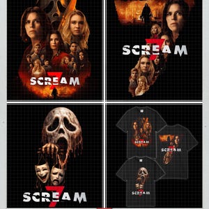 May include: A digital design featuring four distinct graphics. The top left and right images showcase a movie poster with the word "SCREAM" and character portraits. The bottom left image displays a ghost face with theater masks. The bottom right shows black t-shirts with "SCREAM" graphics.