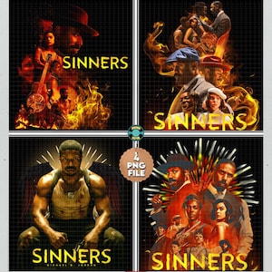 Puede incluir: Cuatro impresiones de arte digital con la palabra "SINNERS" en amarillo, con varios retratos de personajes y fondos de fuego. Las impresiones están etiquetadas como un archivo PNG de 300 DPI con fondo transparente.
