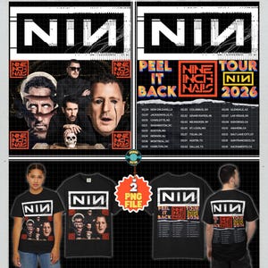 May include: Digital PNG file featuring Nine Inch Nails graphics. Includes a tour poster with a list of tour dates and a black t-shirt design with band members' faces and the band's logo. The file is labelled as 300 DPI.