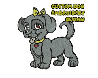 Gray Puppy Embroidery Design – Yellow Bow, Heart Detail, Whimsical Dog Patch