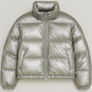 Puede incluir: Chaqueta acolchada plateada con cuello alto y cremallera completa. La chaqueta tiene dos bolsillos laterales y un dobladillo ligeramente recortado. El material brillante refleja la luz, dándole un aspecto metálico. Prenda de abrigo para el frío.