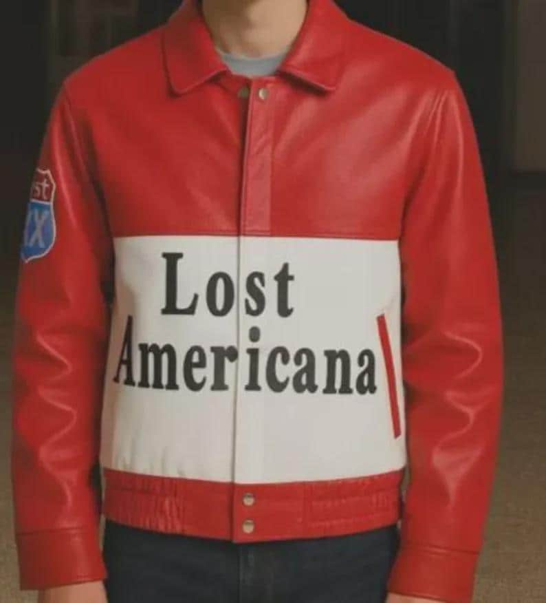 May include: Red and white leather jacket with the text "Lost Americana" across the chest. The jacket has a classic collar, button closure, and a patch on the left sleeve. The jacket is a bold statement piece.