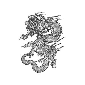 May include: A detailed black and white illustration of a dragon in a dynamic pose. The dragon features intricate scales, flowing mane, and clawed feet, with stylized clouds and flames adding to the design. The artwork is set against a plain white background.