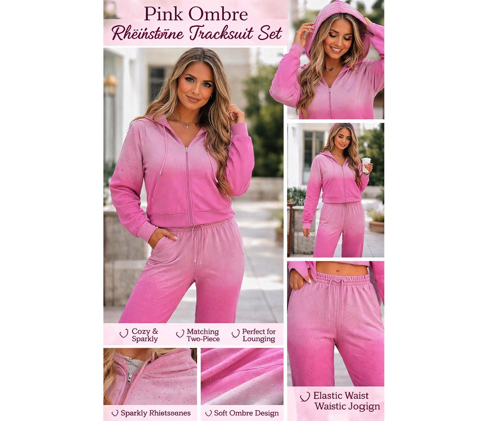 Pink Ombre Rhinestone Tracksuit Set, Women's Hoodie & Jogger