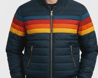 Chaqueta acolchada azul marino con rayas arcoíris para hombre: cazadora bomber retro de invierno, chaqueta informal con cremallera
