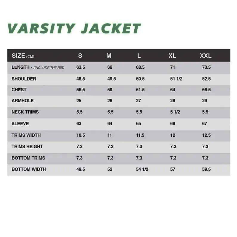 May include: A size chart for a varsity jacket, with measurements in centimeters. The chart includes sizes S, M, L, XL, and XXL, detailing length, shoulder width, chest, armhole, neck trims, sleeve length, trims width, trims height, bottom trims, and bottom width.