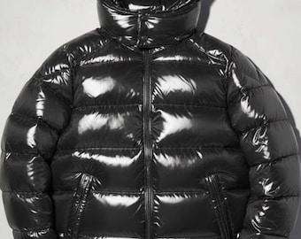 Chaqueta acolchada negra brillante, abrigo de invierno con capucha