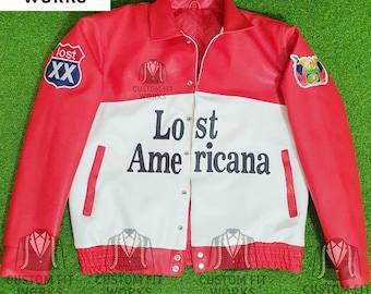 Lost Americana Mgk Red & White Faux Leather Jacket – Vintage Racing Style Motorcycle Biker Jacket