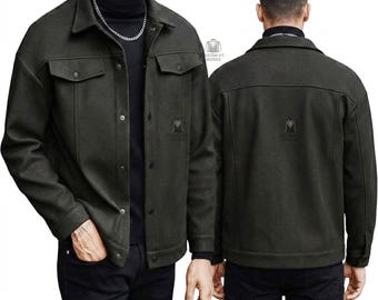 Men's Dark Olive Wool Jacket – Minimalist Button Up Coat, Tailored Fit Overshirt