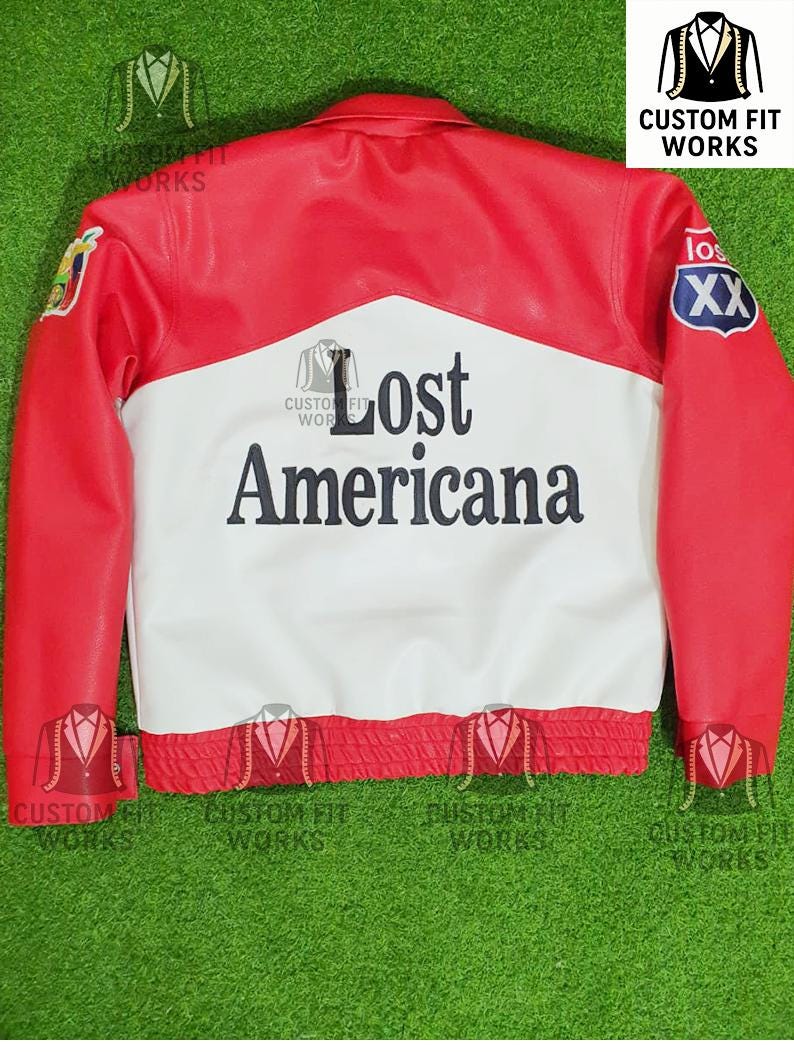 May include: Red, white, and black leather jacket with the text "Lost Americana" on the back. The jacket has a red collar, shoulders, and sleeves, with a white center panel. Patches are visible on the sleeves. The jacket is a custom fit.