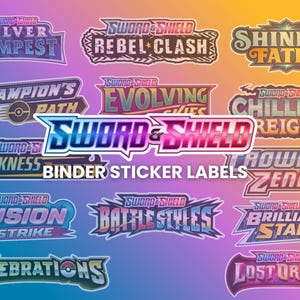 May include: A collection of colorful binder sticker labels featuring various designs and text. The labels include titles like "Silver Tempest," "Rebel Clash," and "Shining Fates." The text "Binder Sticker Labels" is also present.