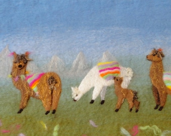 Felt Making Kit to make Llama picture with llamas and baby llamas and online tutorial
