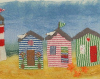 Felt Making Kit to make Beach Hut picture with Lighthouse and online tutorial using original lambswool stripy fabric