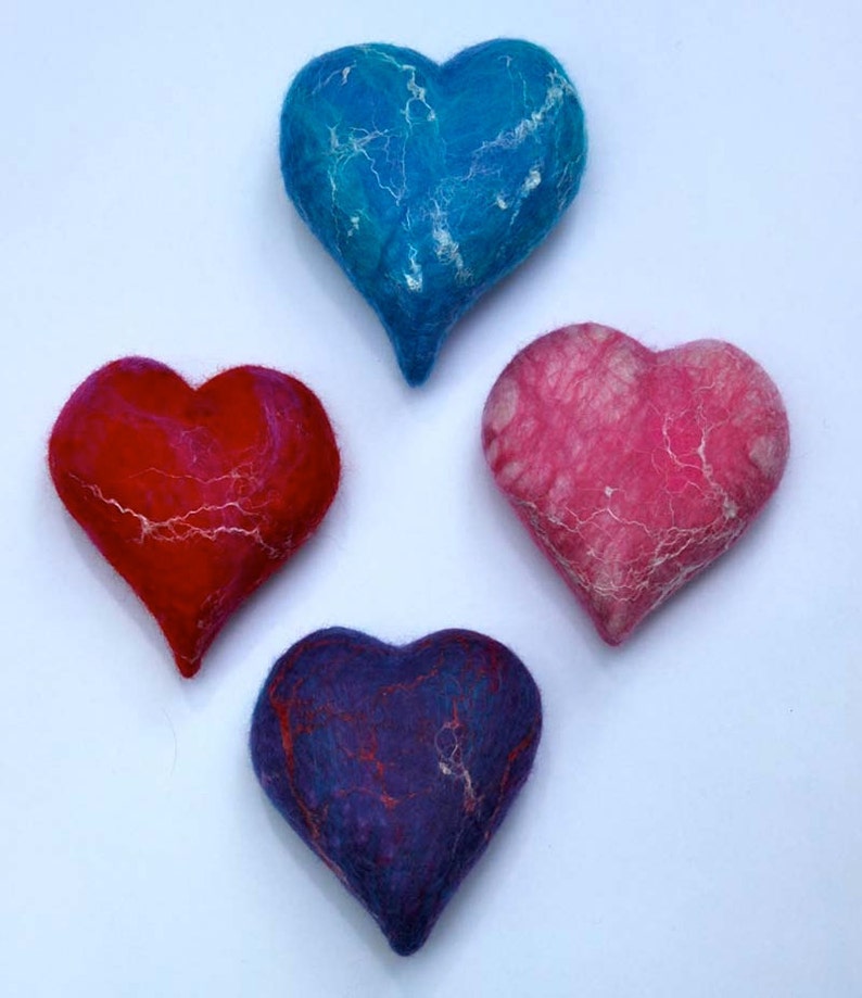 Needle Felting Kit making Four felt Blue Hearts DIY project, online tutorial image 2